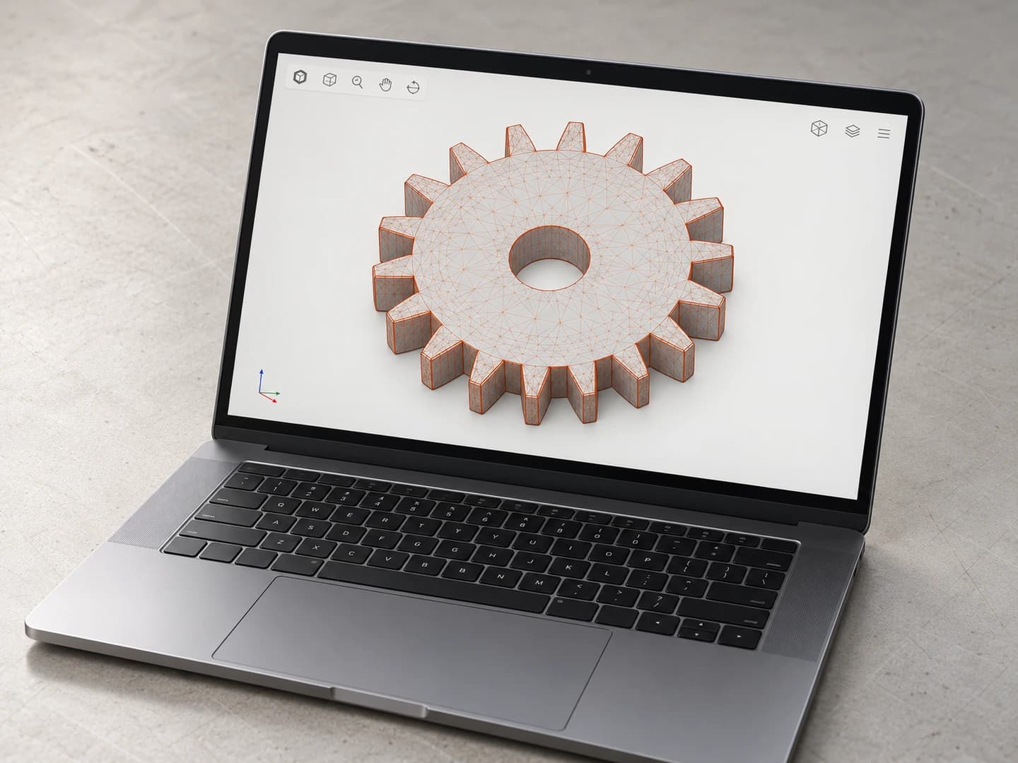 A gear shown as a CAD wireframe on a laptop screen