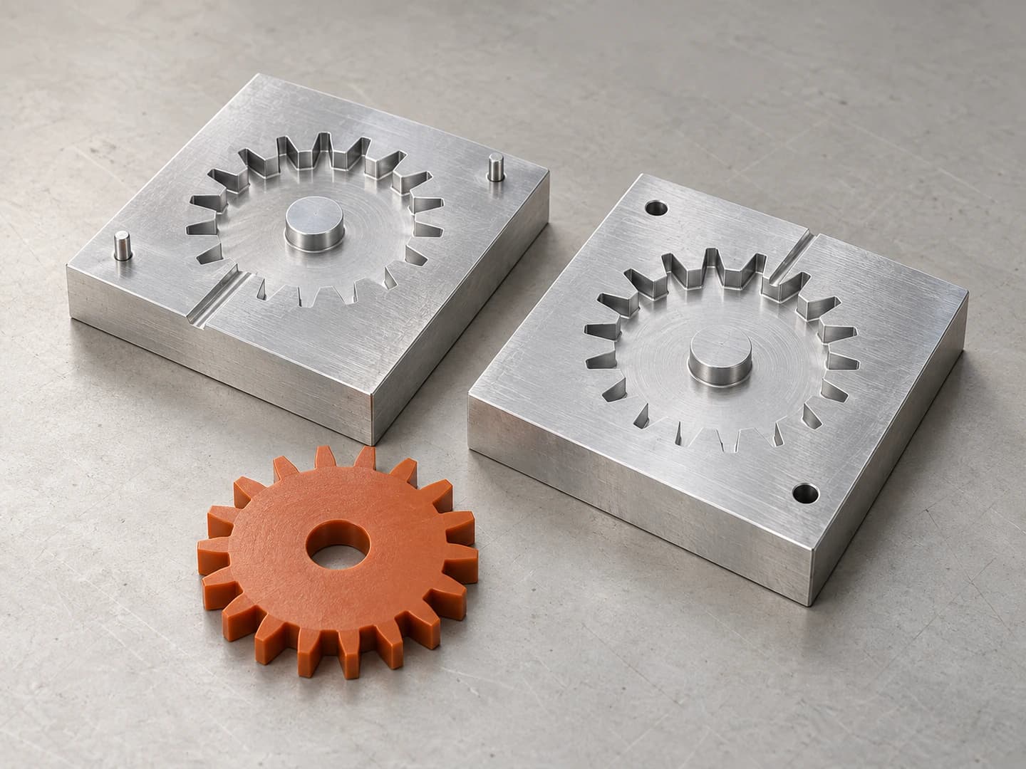 A pair of machined aluminum molds with matching gear cavities and a rust-orange gear