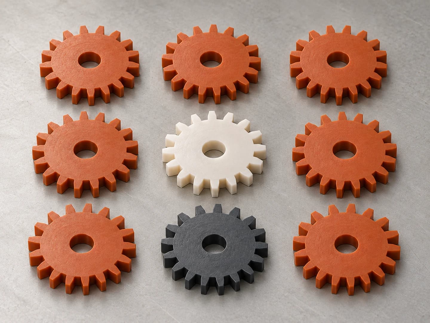An orderly small batch of identical molded gears in rust, off-white, and charcoal
