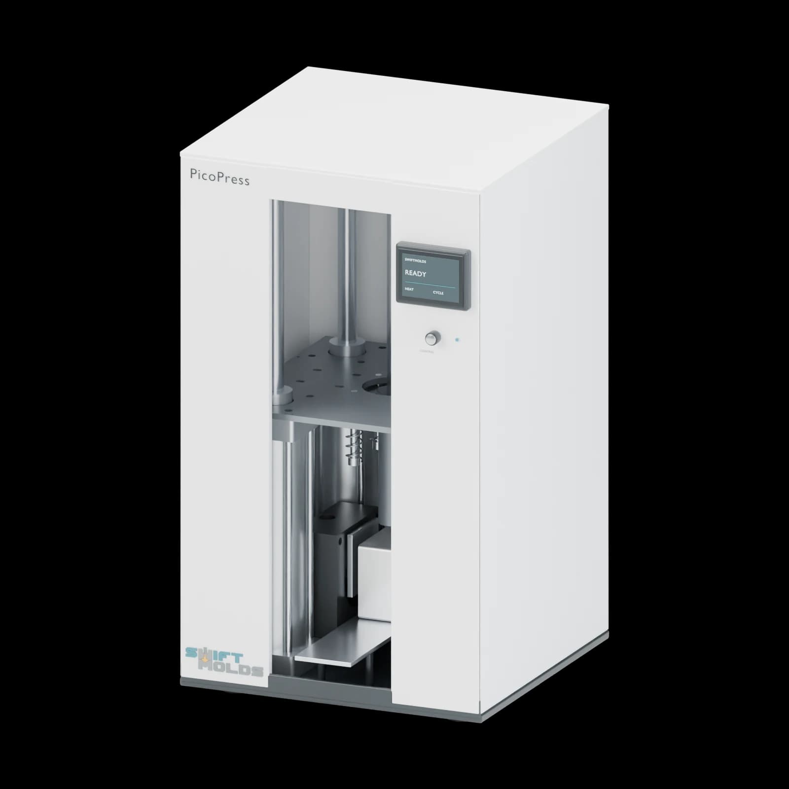 The real SwiftMolds machine, with a proposed satin-white enclosure, open working area, and an upper-right screen
